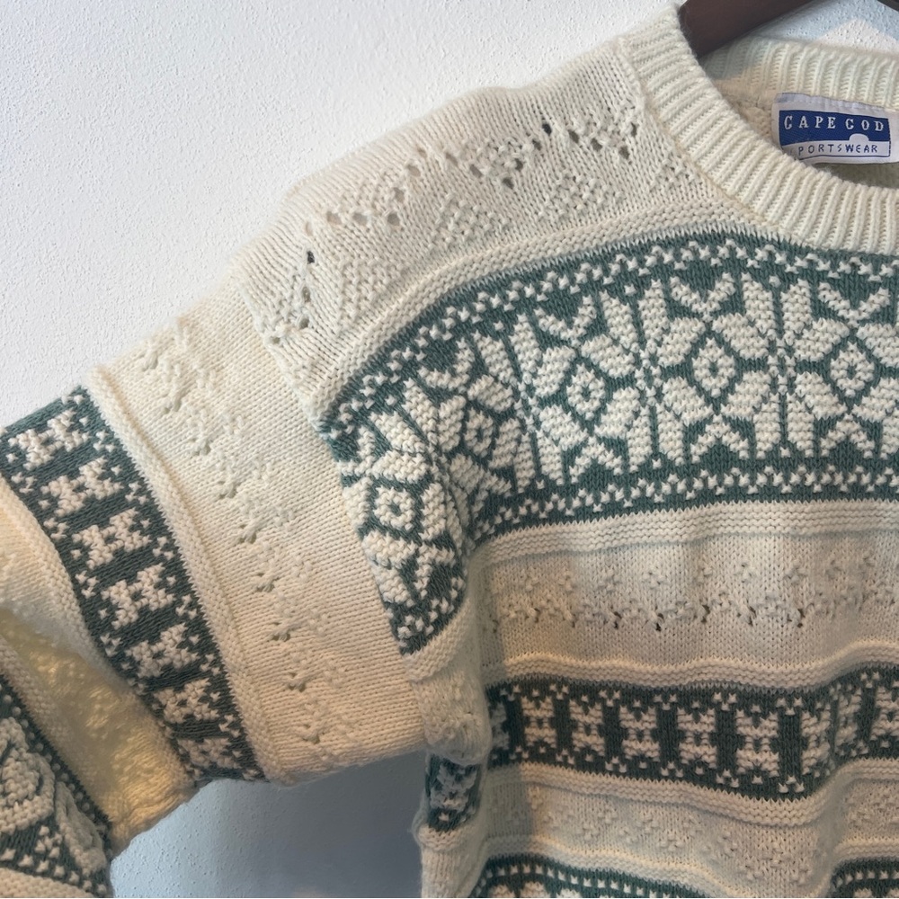 Vintage Cream Semi Open Knit Pullover Sweater Hearts Snowflakes Longline - Picture 2 of 8